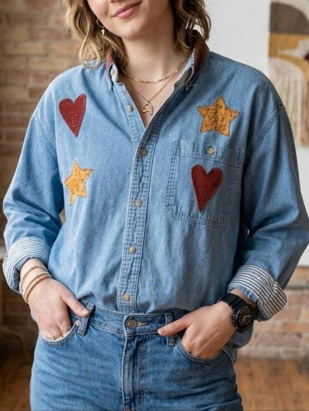 Blue Button Down Tunic Shirt Cotton Chambray Heart Star Stripes Patch L Western